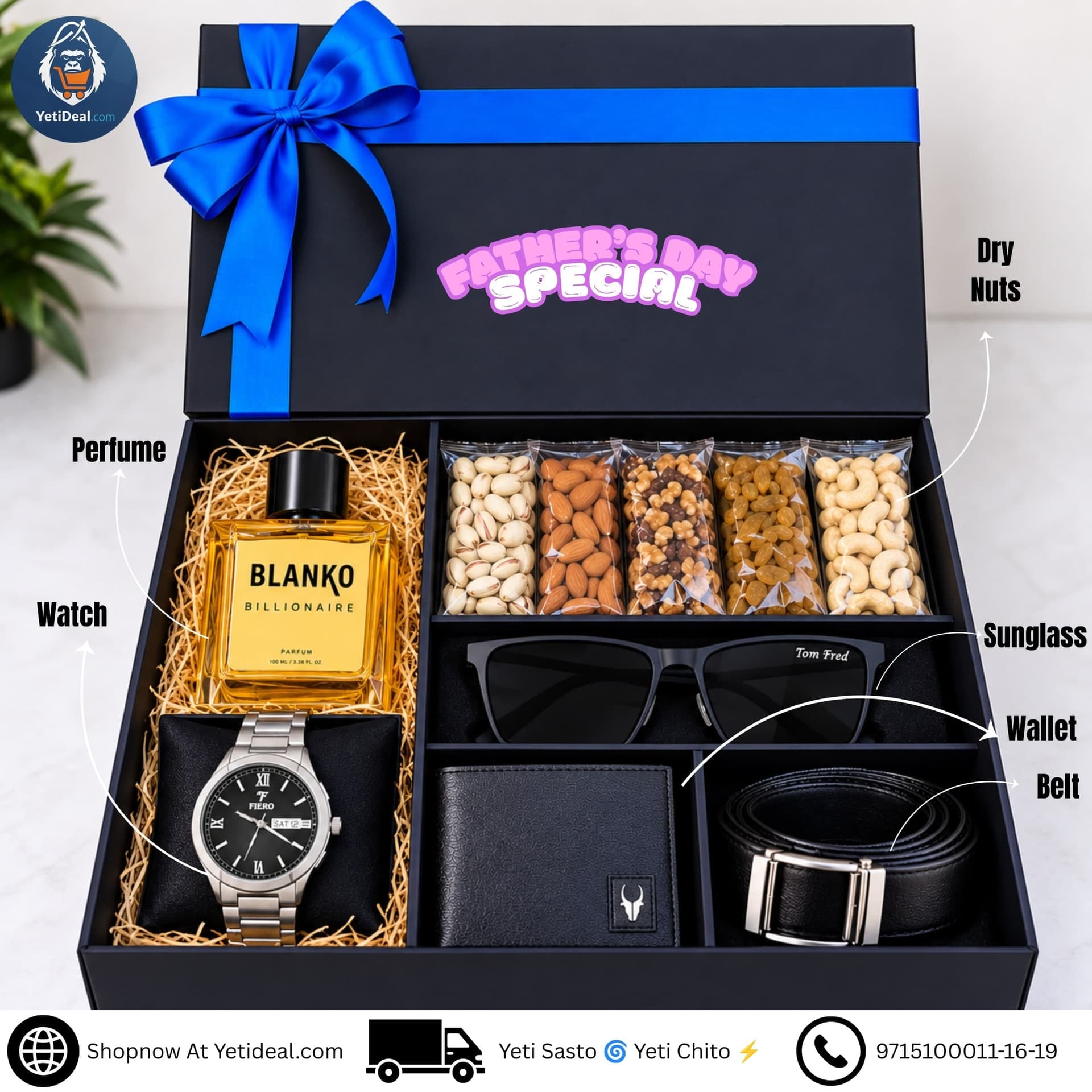 Father’s Day Combo Pack – Blanko Perfume, Fiero Watch, WildHorn Purse & Belt, Dry Fruits & Black Sunglasses