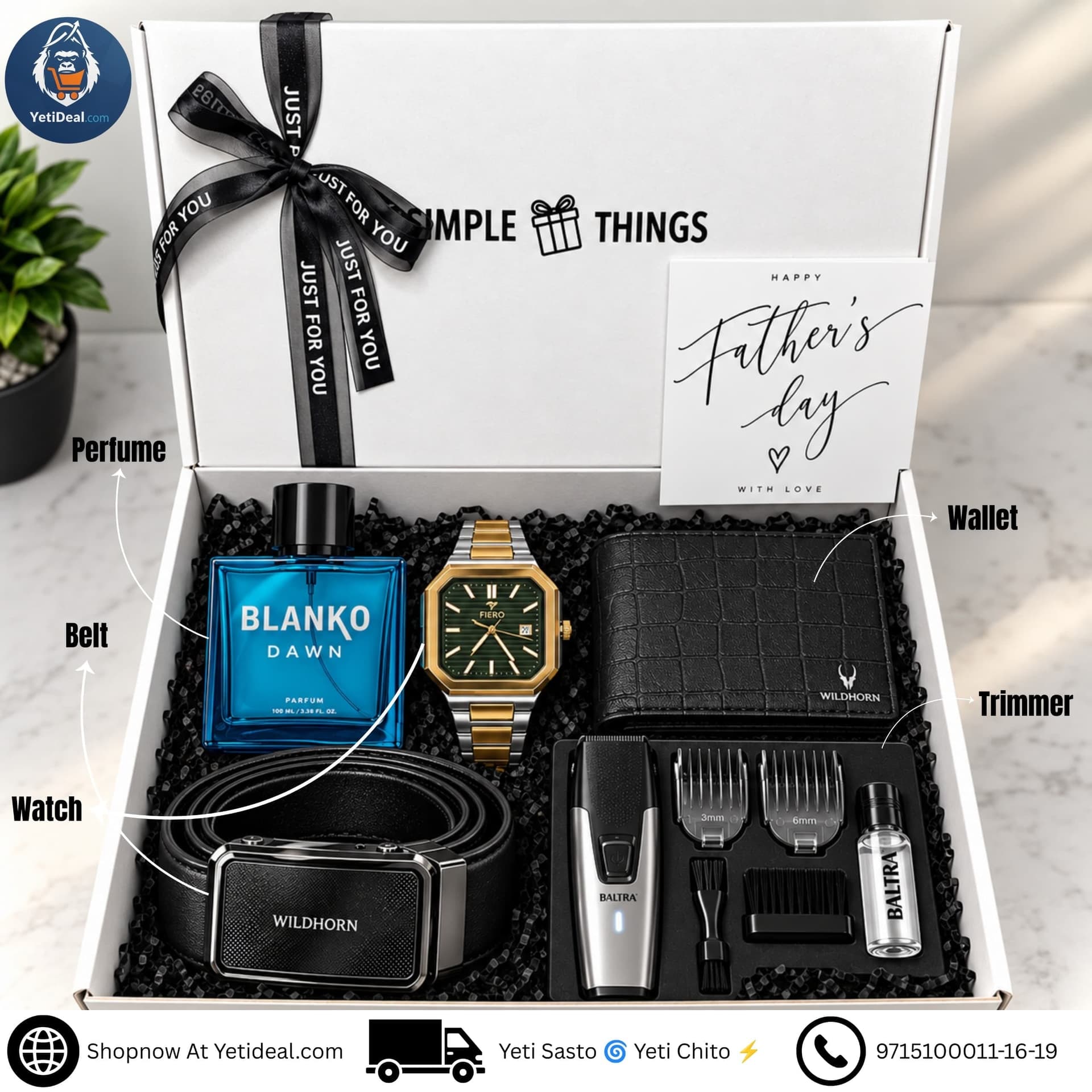 Father’s Day Combo Pack – Blanko Dawn Perfume, Fiero Watch, WildHorn Purse & Belt, Baltra Trimmer