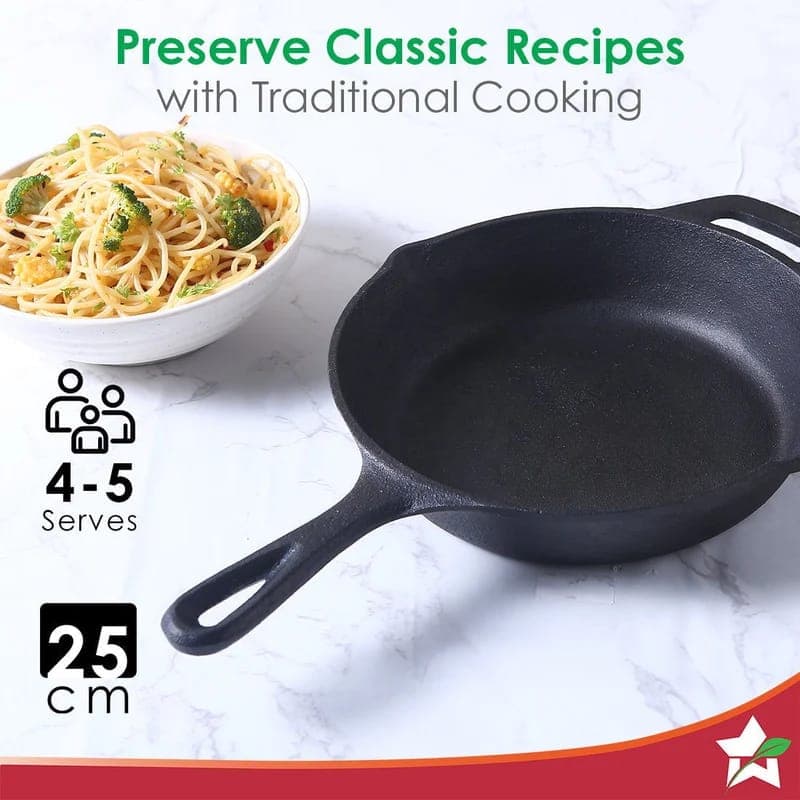 Wonderchef Forza Pre-Seasoned 25 cm Cast Iron Fry Pan with Lifetime Exchange Warranty – Black
