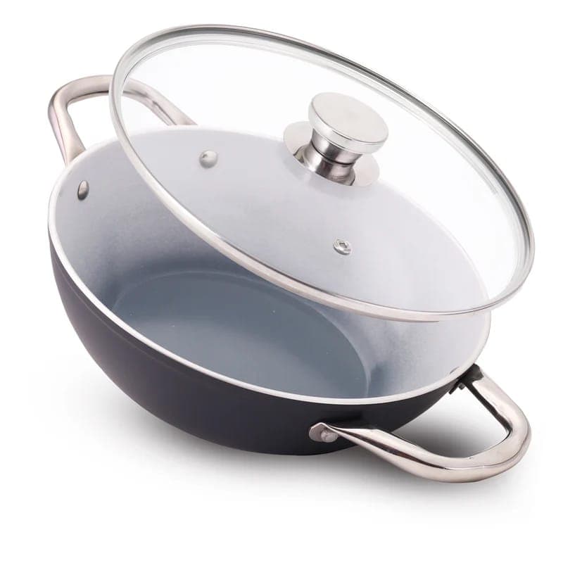 Wonderchef Eco-Glide Ceramic Kadhai 24cm 2.5L with Glass Lid | PFOA-Free | Gas & Induction Compatible | Grey