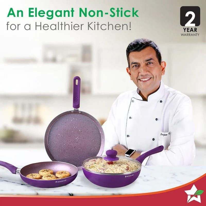 Wonderchef Wonderchef Royal Velvet Non-Stick Cookware Set 4 Pc | Fry Pan with Lid, Wok & Dosa Tawa | 3mm | Purple | 2-Year… — image 1 of 4