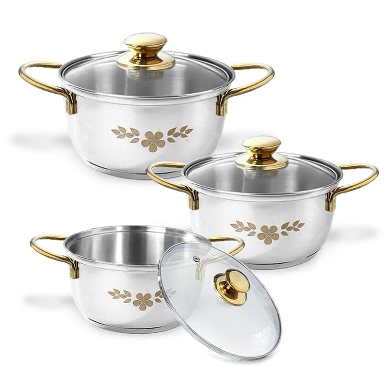 Wonderchef Wonderchef Gold Stanton Stainless Steel Casserole Set 3 Pc with Glass Lids | 1.6L, 2.3L & 3.1L | Induction & Gas… — image 1 of 6