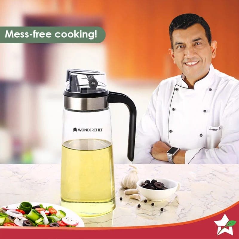 Wonderchef Glass Oil Pourer 600ml | Nozzle & Lid | Airtight & Spill Proof | Transparent Oil Dispenser