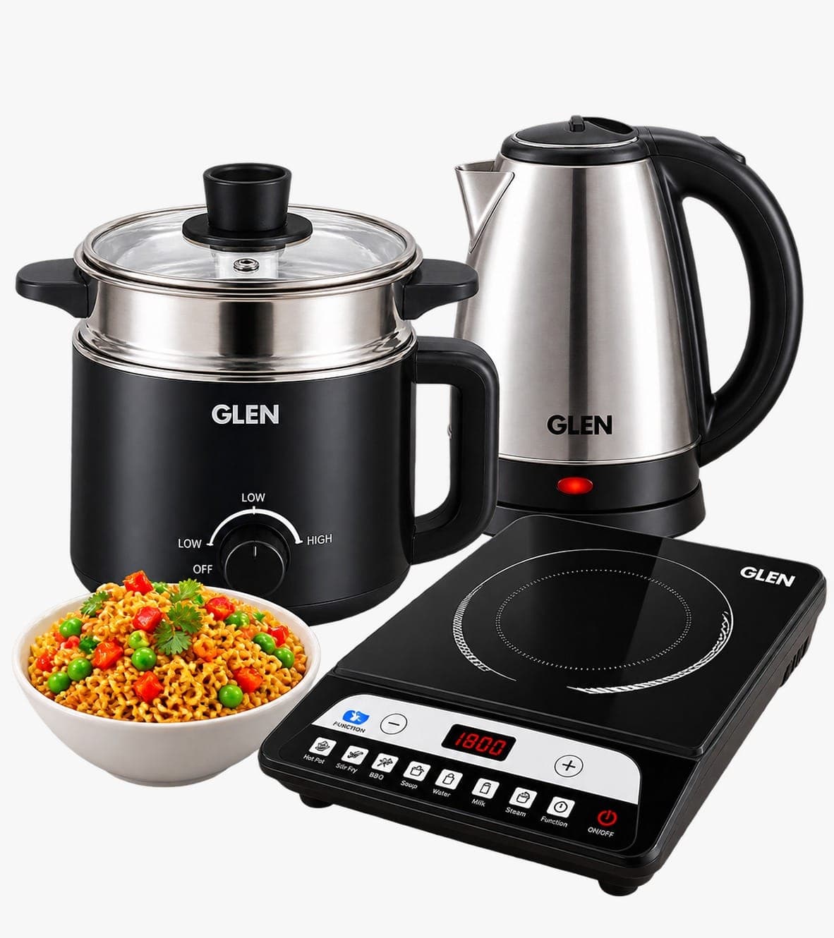 GLEN Kitchen Appliance Combo Pack | GLEN 1.5L Multi Cook Electric Kettle + Wonderchef Torino 2000W Induction Cooktop + GLEN…