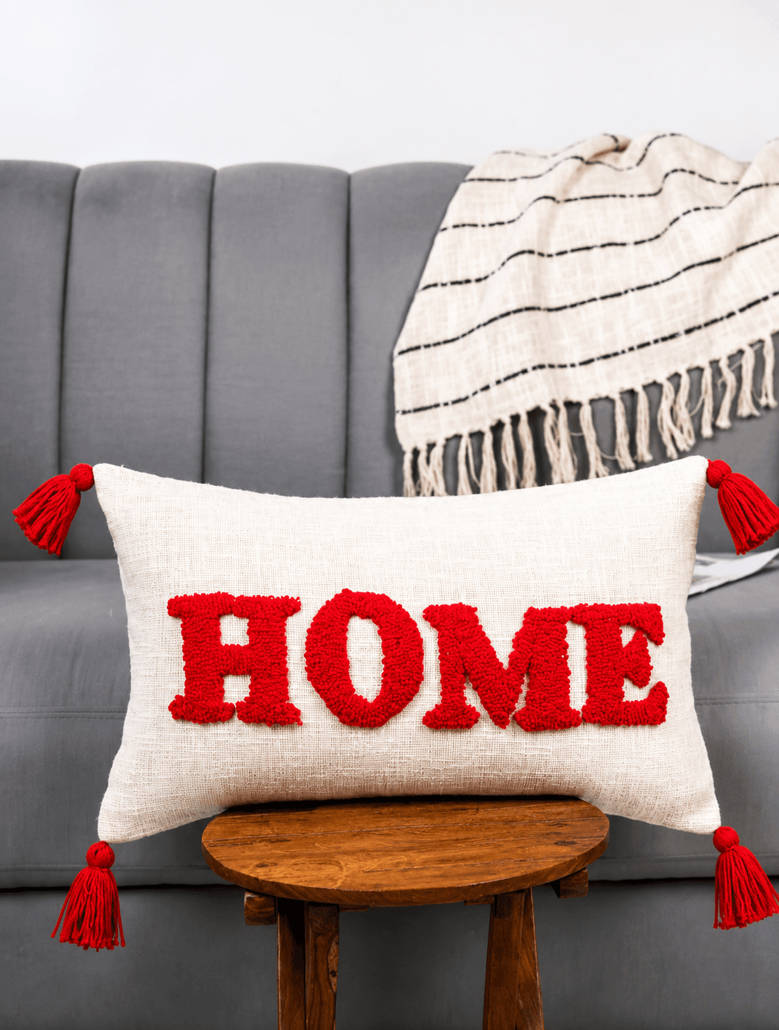 HOME Tufted Decorative Cushion Cover with Red Tassels – Modern Throw Pillow Cover