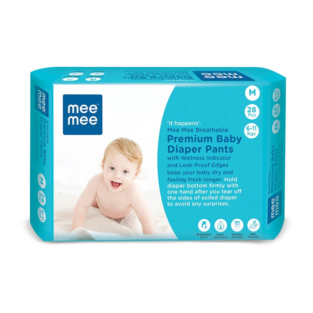 Mee Mee Breathable Premium Baby Diaper Pants with Wetness Indicator & Leak-Proof Edges (Medium, 28 Pcs)