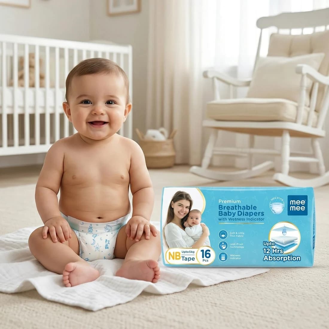 Mee Mee Premium Breathable Baby Tape Diapers (NB, 16 Pcs) | Skin-Friendly, Super Absorbent & Cotton-Soft with Wetness Indicator