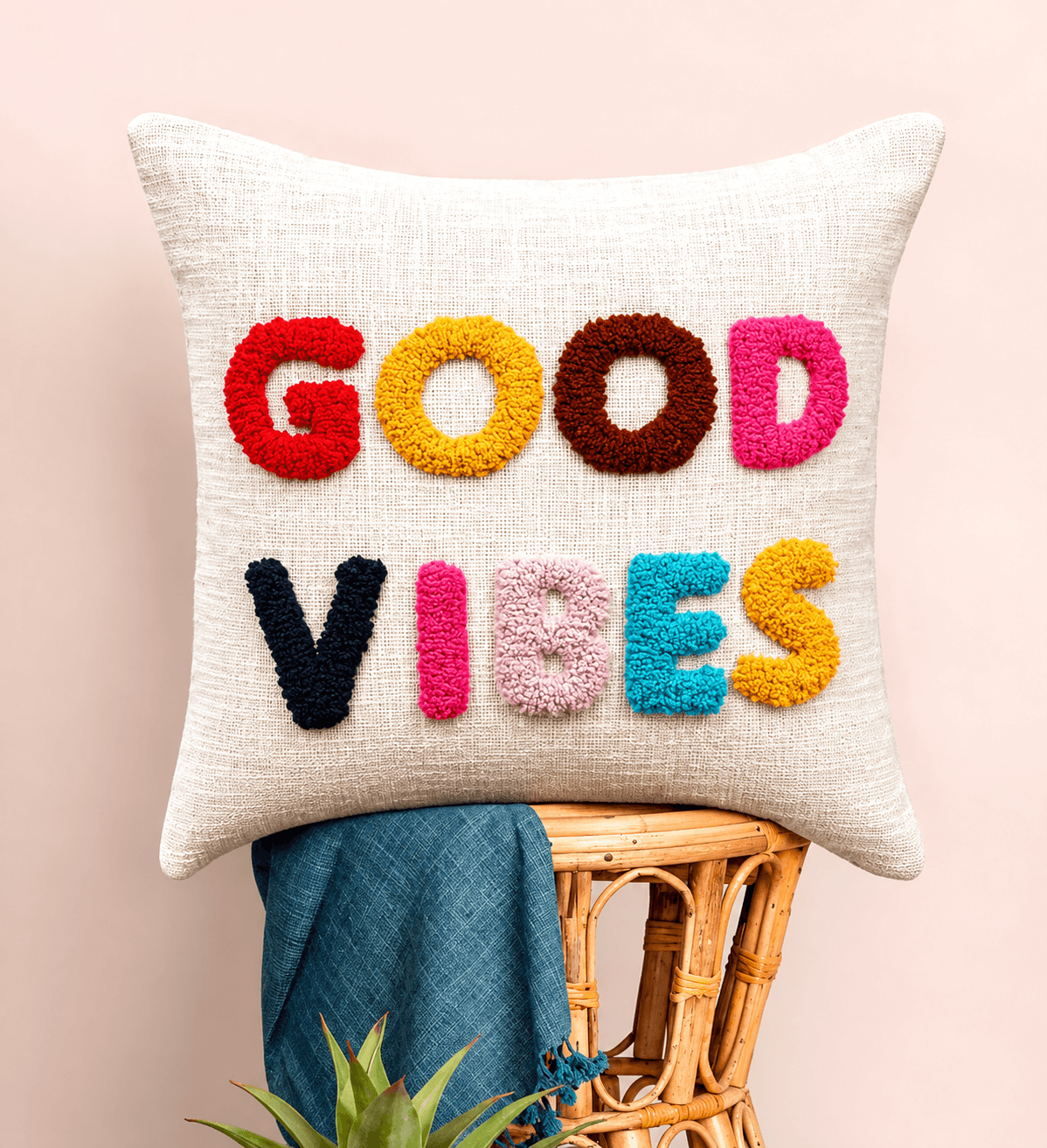 Handcrafted GOOD VIBES Tufted Cushion Cover | Multicolor Decorative Cotton Throw Pillow Cover