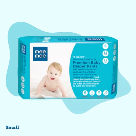 Mee Mee Breathable Premium Baby Diaper Pants with Wetness Indicator & Leak-Proof Edges (Small, 32 Pcs)
