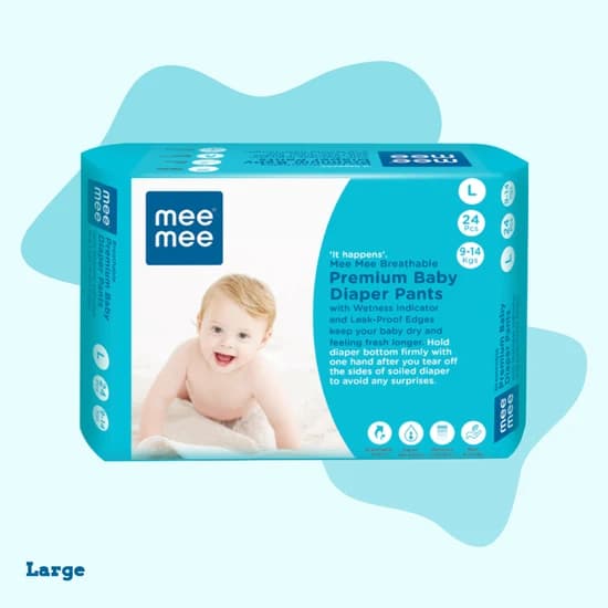 Mee Mee Breathable Premium Baby Diaper Pants with Wetness Indicator & Leak-Proof Edges (Large, 24 Pcs)