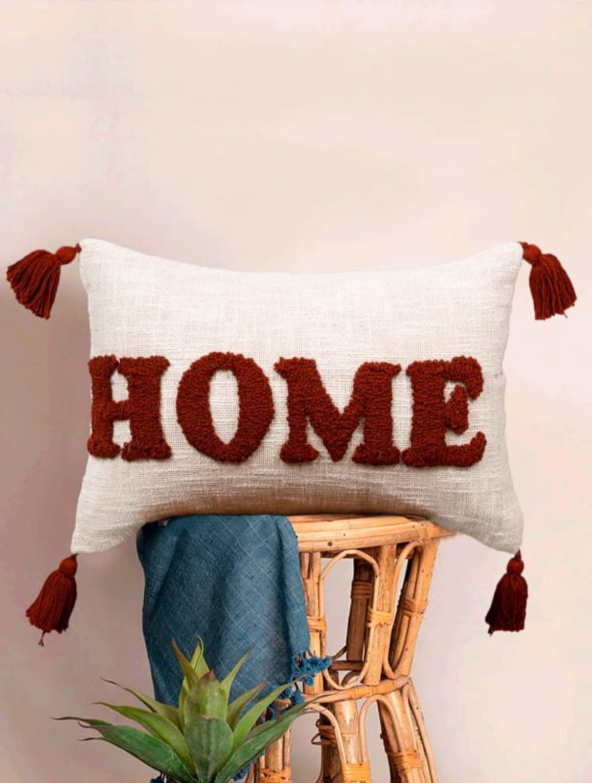 Handcrafted HOME Tufted Cushion Cover with Tassels | Decorative Cotton Throw Pillow Cover